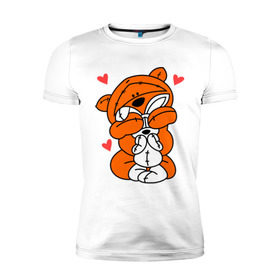 Мужская футболка премиум с принтом Мишка с зайкой в Тюмени, 92% хлопок, 8% лайкра | приталенный силуэт, круглый вырез ворота, длина до линии бедра, короткий рукав | Тематика изображения на принте: зайкой | заяц | кролик | любовь | медведь | мишка