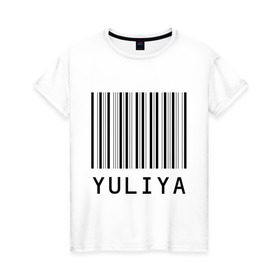 Женская футболка хлопок с принтом Юлия (штрихкод) в Тюмени, 100% хлопок | прямой крой, круглый вырез горловины, длина до линии бедер, слегка спущенное плечо | имена | штрихкод | юла | юлинька | юлия | юлька