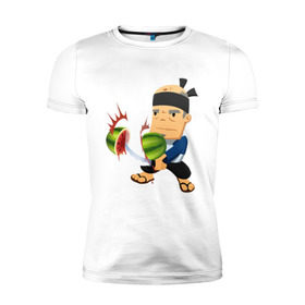 Мужская футболка премиум с принтом Fruit Ninja в Тюмени, 92% хлопок, 8% лайкра | приталенный силуэт, круглый вырез ворота, длина до линии бедра, короткий рукав | fruit ninja | игры | мобильные игры | ниньзя | фруктовый ниньзя | фрукты