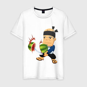 Мужская футболка хлопок с принтом Fruit Ninja в Тюмени, 100% хлопок | прямой крой, круглый вырез горловины, длина до линии бедер, слегка спущенное плечо. | fruit ninja | игры | мобильные игры | ниньзя | фруктовый ниньзя | фрукты