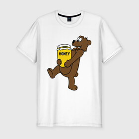 Мужская футболка премиум с принтом Медведь с медом в Тюмени, 92% хлопок, 8% лайкра | приталенный силуэт, круглый вырез ворота, длина до линии бедра, короткий рукав | животные | медведь с медом медведь мед | сладкое