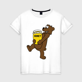 Женская футболка хлопок с принтом Медведь с медом в Тюмени, 100% хлопок | прямой крой, круглый вырез горловины, длина до линии бедер, слегка спущенное плечо | животные | медведь с медом медведь мед | сладкое