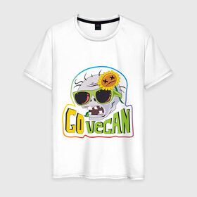 Мужская футболка хлопок с принтом Go vegan (zombie) в Тюмени, 100% хлопок | прямой крой, круглый вырез горловины, длина до линии бедер, слегка спущенное плечо. | Тематика изображения на принте: plants vs zombie | веган