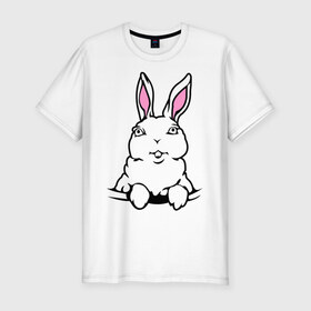 Мужская футболка премиум с принтом Зайчик в кармашке в Тюмени, 92% хлопок, 8% лайкра | приталенный силуэт, круглый вырез ворота, длина до линии бедра, короткий рукав | Тематика изображения на принте: белый кролик | животные | зайка | зайчик в кармашке | кролик