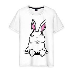 Мужская футболка хлопок с принтом Зайчик в кармашке в Тюмени, 100% хлопок | прямой крой, круглый вырез горловины, длина до линии бедер, слегка спущенное плечо. | Тематика изображения на принте: белый кролик | животные | зайка | зайчик в кармашке | кролик