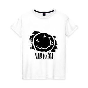Женская футболка хлопок с принтом Смайл NIRVANA в Тюмени, 100% хлопок | прямой крой, круглый вырез горловины, длина до линии бедер, слегка спущенное плечо | kurt cobain | nirvana | rock | курт кобейн | нирвана | подарок | рожа | рожица | рок | смайл | смайлик | улыбка