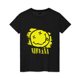 Женская футболка хлопок с принтом смайл NIRVANA в Тюмени, 100% хлопок | прямой крой, круглый вырез горловины, длина до линии бедер, слегка спущенное плечо | kurt cobain | nirvana | rock | курт кобейн | нирвана | рожица | рок | смайл | смайлик | улыбка