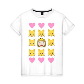 Женская футболка хлопок с принтом Кошатница в Тюмени, 100% хлопок | прямой крой, круглый вырез горловины, длина до линии бедер, слегка спущенное плечо | emojin | happy family | котики | коты | кошатница | смайлы | эмоджин