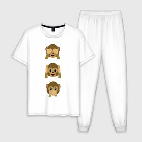 Мужская пижама хлопок с принтом Не вижу, не слышу, не скажу в Тюмени, 100% хлопок | брюки и футболка прямого кроя, без карманов, на брюках мягкая резинка на поясе и по низу штанин
 | Тематика изображения на принте: emojin | обезьяны | эмоджин