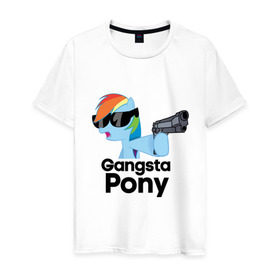 Мужская футболка хлопок с принтом Gangsta pony в Тюмени, 100% хлопок | прямой крой, круглый вырез горловины, длина до линии бедер, слегка спущенное плечо. | gangsta pony | my little pony | pony | брони | ганста пони | оружие | очки | пистолет | пони