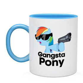 Кружка двухцветная с принтом Gangsta pony в Тюмени, керамика | объем — 330 мл, диаметр — 80 мм. Цветная ручка и кайма сверху, в некоторых цветах — вся внутренняя часть | gangsta pony | my little pony | pony | брони | ганста пони | оружие | очки | пистолет | пони
