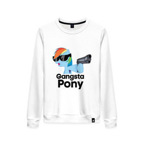 Женский свитшот хлопок с принтом Gangsta pony в Тюмени, 100% хлопок | прямой крой, круглый вырез, на манжетах и по низу широкая трикотажная резинка  | gangsta pony | my little pony | pony | брони | ганста пони | оружие | очки | пистолет | пони