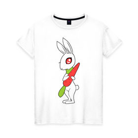 Женская футболка хлопок с принтом Зайка с морковкой в Тюмени, 100% хлопок | прямой крой, круглый вырез горловины, длина до линии бедер, слегка спущенное плечо | животны | зайка с морковкой | займа | заяц | милый | морковка