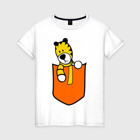 Женская футболка хлопок с принтом Тигра в кармане в Тюмени, 100% хлопок | прямой крой, круглый вырез горловины, длина до линии бедер, слегка спущенное плечо | животные | карман | полоски | тигр | тигра в кармане | шарф