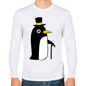 Мужской лонгслив хлопок с принтом Пингвин в шляпе в Тюмени, 100% хлопок |  | Тематика изображения на принте: животные | лед | пингвин в шляпе | трость.снег | шляпа