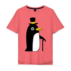 Мужская футболка хлопок Oversize с принтом Пингвин в шляпе в Тюмени, 100% хлопок | свободный крой, круглый ворот, “спинка” длиннее передней части | животные | лед | пингвин в шляпе | трость.снег | шляпа