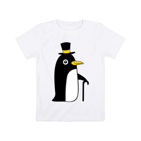 Детская футболка хлопок с принтом Пингвин в шляпе в Тюмени, 100% хлопок | круглый вырез горловины, полуприлегающий силуэт, длина до линии бедер | животные | лед | пингвин в шляпе | трость.снег | шляпа