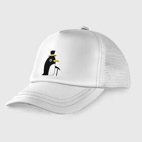 Детская кепка тракер с принтом Пингвин в шляпе в Тюмени, Козырек - 100% хлопок. Кепка - 100% полиэстер, Задняя часть - сетка | универсальный размер, пластиковая застёжка | животные | лед | пингвин в шляпе | трость.снег | шляпа