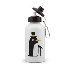 Бутылка спортивная с принтом Пингвин в шляпе в Тюмени, металл | емкость — 500 мл, в комплекте две пластиковые крышки и карабин для крепления | животные | лед | пингвин в шляпе | трость.снег | шляпа