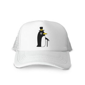 Кепка тракер с сеткой с принтом Пингвин в шляпе в Тюмени, трикотажное полотно; задняя часть — сетка | длинный козырек, универсальный размер, пластиковая застежка | животные | лед | пингвин в шляпе | трость.снег | шляпа