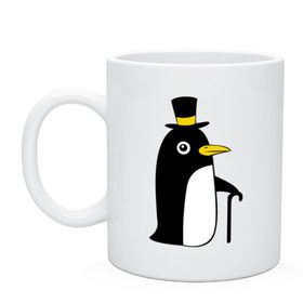 Кружка с принтом Пингвин в шляпе в Тюмени, керамика | объем — 330 мл, диаметр — 80 мм. Принт наносится на бока кружки, можно сделать два разных изображения | животные | лед | пингвин в шляпе | трость.снег | шляпа