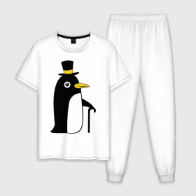 Мужская пижама хлопок с принтом Пингвин в шляпе в Тюмени, 100% хлопок | брюки и футболка прямого кроя, без карманов, на брюках мягкая резинка на поясе и по низу штанин
 | животные | лед | пингвин в шляпе | трость.снег | шляпа