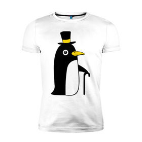 Мужская футболка премиум с принтом Пингвин в шляпе в Тюмени, 92% хлопок, 8% лайкра | приталенный силуэт, круглый вырез ворота, длина до линии бедра, короткий рукав | животные | лед | пингвин в шляпе | трость.снег | шляпа