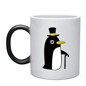 Кружка хамелеон с принтом Пингвин в шляпе в Тюмени, керамика | меняет цвет при нагревании, емкость 330 мл | животные | лед | пингвин в шляпе | трость.снег | шляпа