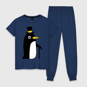 Женская пижама хлопок с принтом Пингвин в шляпе в Тюмени, 100% хлопок | брюки и футболка прямого кроя, без карманов, на брюках мягкая резинка на поясе и по низу штанин | животные | лед | пингвин в шляпе | трость.снег | шляпа