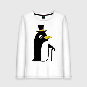 Женский лонгслив хлопок с принтом Пингвин в шляпе в Тюмени, 100% хлопок |  | животные | лед | пингвин в шляпе | трость.снег | шляпа
