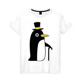 Женская футболка хлопок с принтом Пингвин в шляпе в Тюмени, 100% хлопок | прямой крой, круглый вырез горловины, длина до линии бедер, слегка спущенное плечо | животные | лед | пингвин в шляпе | трость.снег | шляпа