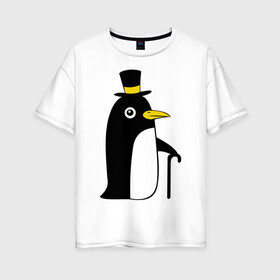 Женская футболка хлопок Oversize с принтом Пингвин в шляпе в Тюмени, 100% хлопок | свободный крой, круглый ворот, спущенный рукав, длина до линии бедер
 | животные | лед | пингвин в шляпе | трость.снег | шляпа