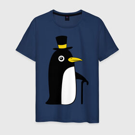 Мужская футболка хлопок с принтом Пингвин в шляпе в Тюмени, 100% хлопок | прямой крой, круглый вырез горловины, длина до линии бедер, слегка спущенное плечо. | животные | лед | пингвин в шляпе | трость.снег | шляпа