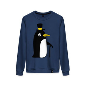 Женский свитшот хлопок с принтом Пингвин в шляпе в Тюмени, 100% хлопок | прямой крой, круглый вырез, на манжетах и по низу широкая трикотажная резинка  | животные | лед | пингвин в шляпе | трость.снег | шляпа