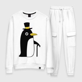 Женский костюм хлопок с принтом Пингвин в шляпе в Тюмени, 100% хлопок | на свитшоте круглая горловина, мягкая резинка по низу. Брюки заужены к низу, на них два вида карманов: два 