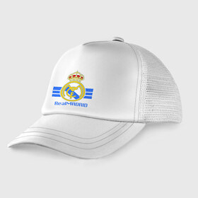 Детская кепка тракер с принтом Real Madrid в Тюмени, Козырек - 100% хлопок. Кепка - 100% полиэстер, Задняя часть - сетка | универсальный размер, пластиковая застёжка | 1902 | fc | footbal club | real madrid | лого | логотип | реал мадрид | спорт | футбол | футбольный клуб