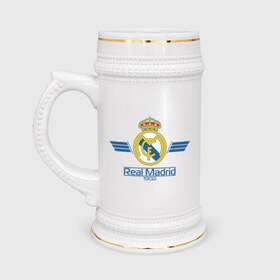 Кружка пивная с принтом Real Madrid 1902 в Тюмени,  керамика (Материал выдерживает высокую температуру, стоит избегать резкого перепада температур) |  объем 630 мл | 1902 | fc | footbal club | real madrid | лого | логотип | реал мадрид | спорт | футбол | футбольный клуб