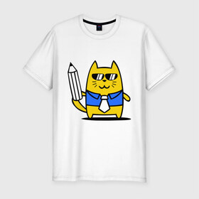 Мужская футболка премиум с принтом Деловой котик в Тюмени, 92% хлопок, 8% лайкра | приталенный силуэт, круглый вырез ворота, длина до линии бедра, короткий рукав | бизнесмен | карандаш | кот