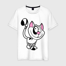 Мужская футболка хлопок с принтом Кот в Тюмени, 100% хлопок | прямой крой, круглый вырез горловины, длина до линии бедер, слегка спущенное плечо. | Тематика изображения на принте: веселый | довольный | кот | кошка | пятнистый