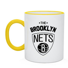 Кружка двухцветная с принтом The Brooklyn Nets в Тюмени, керамика | объем — 330 мл, диаметр — 80 мм. Цветная ручка и кайма сверху, в некоторых цветах — вся внутренняя часть | Тематика изображения на принте: бруклин