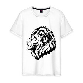 Мужская футболка хлопок с принтом Лев в наушниках в Тюмени, 100% хлопок | прямой крой, круглый вырез горловины, длина до линии бедер, слегка спущенное плечо. | Тематика изображения на принте: лев | лев в наушниках | музыка | наушники