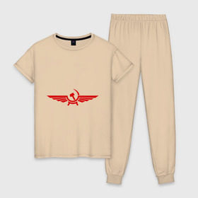 Женская пижама хлопок с принтом Серп и молот в виде орла в Тюмени, 100% хлопок | брюки и футболка прямого кроя, без карманов, на брюках мягкая резинка на поясе и по низу штанин | крылья