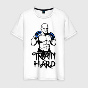 Мужская футболка хлопок с принтом Train hard (тренируйся усердно) в Тюмени, 100% хлопок | прямой крой, круглый вырез горловины, длина до линии бедер, слегка спущенное плечо. | 