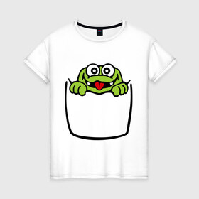 Женская футболка хлопок с принтом Карманный крокодил в Тюмени, 100% хлопок | прямой крой, круглый вырез горловины, длина до линии бедер, слегка спущенное плечо | карман | карманный | крокодил | милый | язык | ящерицы