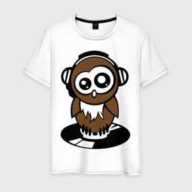 Мужская футболка хлопок с принтом Сова в наушниках в Тюмени, 100% хлопок | прямой крой, круглый вырез горловины, длина до линии бедер, слегка спущенное плечо. | Тематика изображения на принте: сова