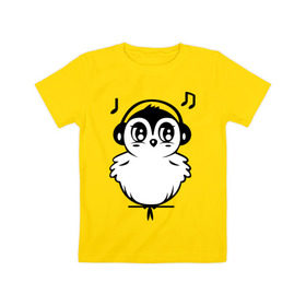 Детская футболка хлопок с принтом Птичка в наушниках в Тюмени, 100% хлопок | круглый вырез горловины, полуприлегающий силуэт, длина до линии бедер | воробей | мелодия | меломан | музыка | наушники | ноты | птица | птичка