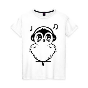 Женская футболка хлопок с принтом Птичка в наушниках в Тюмени, 100% хлопок | прямой крой, круглый вырез горловины, длина до линии бедер, слегка спущенное плечо | воробей | мелодия | меломан | музыка | наушники | ноты | птица | птичка