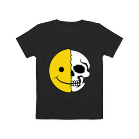 Детская футболка хлопок с принтом Смайлик-черепок в Тюмени, 100% хлопок | круглый вырез горловины, полуприлегающий силуэт, длина до линии бедер | скелет