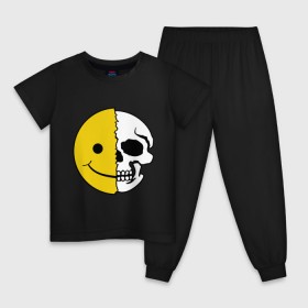 Детская пижама хлопок с принтом Смайлик-черепок в Тюмени, 100% хлопок |  брюки и футболка прямого кроя, без карманов, на брюках мягкая резинка на поясе и по низу штанин
 | скелет