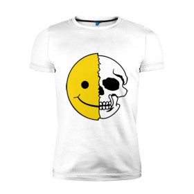 Мужская футболка премиум с принтом Смайлик-черепок в Тюмени, 92% хлопок, 8% лайкра | приталенный силуэт, круглый вырез ворота, длина до линии бедра, короткий рукав | скелет